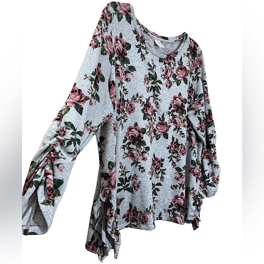 💥2/$15 Terra & Sky grey pink green brown floral ruffle trim long sleeve top 2X - Picture 2 of 11
